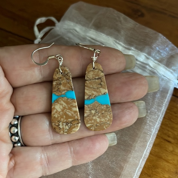 SOLD……Bolder Ribbon Turquoise Slab Earrings - Picture 4 of 5